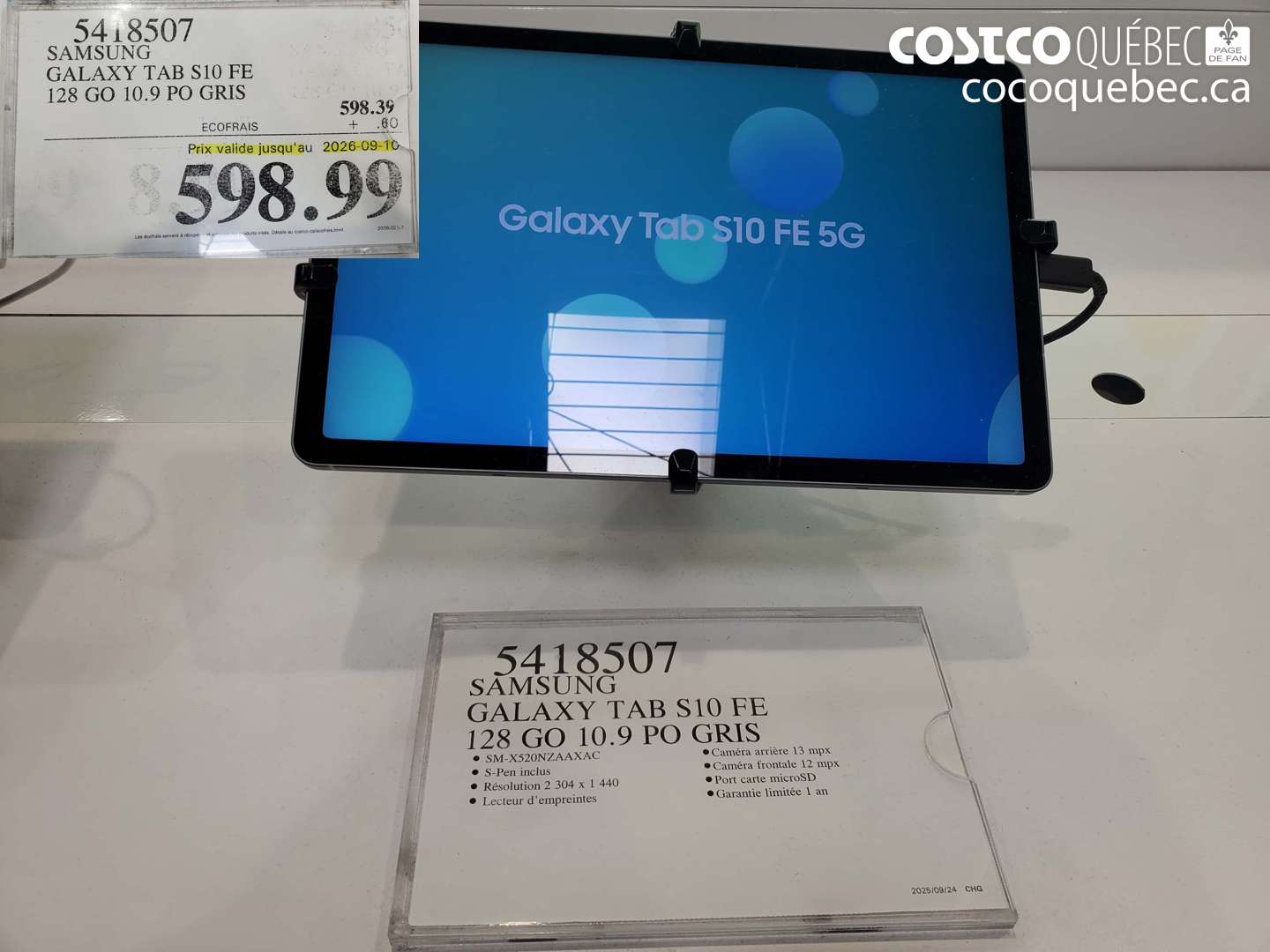 5418507 SAMSUNG GALAXY TAB S10 FE 128 GO 10.9 PO GRIS (EXPIRES ON 2026-09-10) $598.99