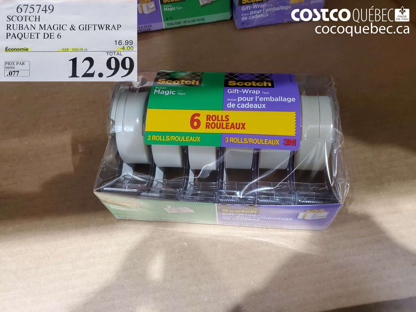 675749 SCOTCH RUBAN MAGIC & GIFTWRAP PAQUET DE 6 ($4.00 INSTANT SAVINGS EXPIRES ON 2026-08-16) $12.99