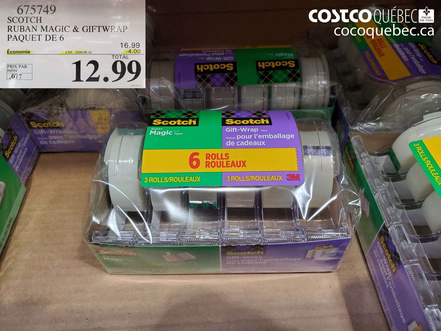 675749 SCOTCH RUBAN MAGIC & GIFTWRAP PAQUET DE 6 ($4.00 INSTANT SAVINGS EXPIRES ON 2026-08-16) $12.99