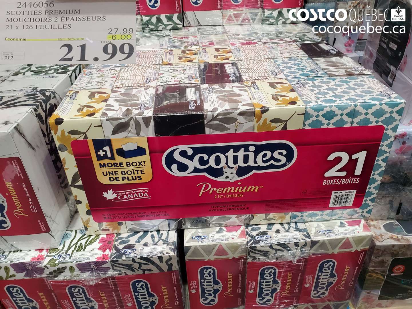 2446056 SCOTTIES PREMIUM MOUCHOIRS 2 ÉPAISSEURS 21 X 126 FEUILLES ($6.00 INSTANT SAVINGS EXPIRES ON 2026-08-30) $21.99