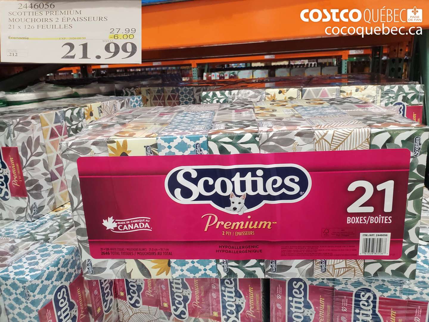 2446056 SCOTTIES PREMIUM MOUCHOIRS 2 ÉPAISSEURS 21 X 126 FEUILLES ($6.00 INSTANT SAVINGS EXPIRES ON 2026-08-30) $21.99