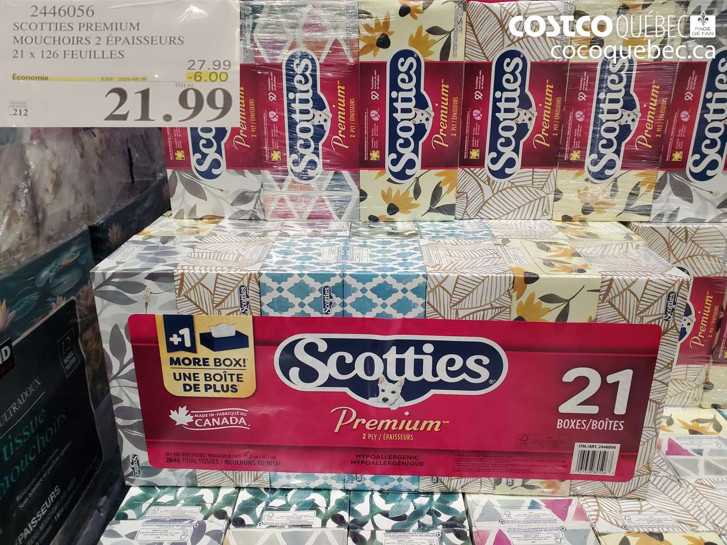 2446056 SCOTTIES PREMIUM MOUCHOIRS 2 ÉPAISSEURS 21 X 126 FEUILLES ($6.00 INSTANT SAVINGS EXPIRES ON 2026-08-30) $21.99