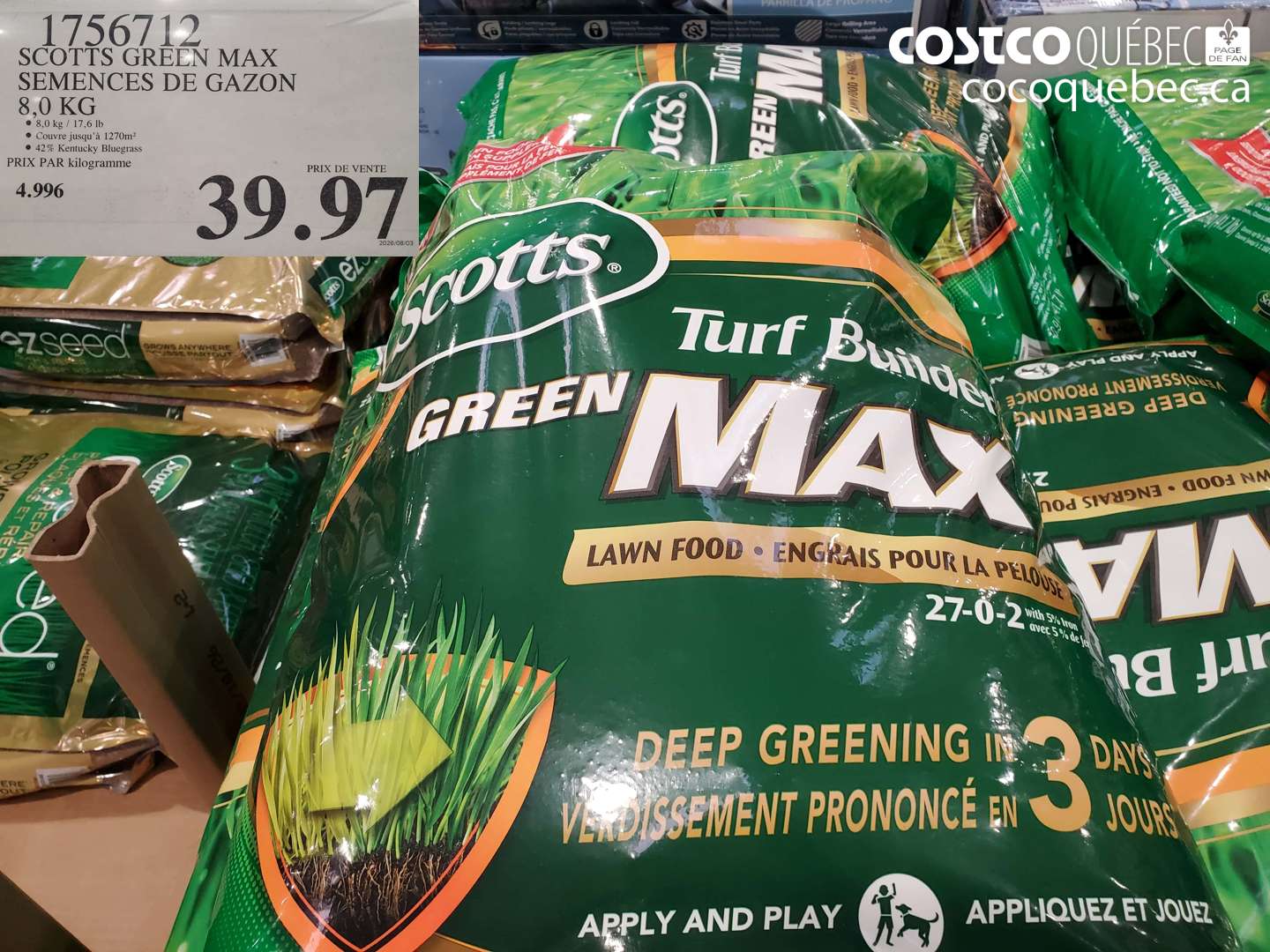 1756712 SCOTTS GREEN MAX SEMENCES DE GAZON 8.0 KG $39.97