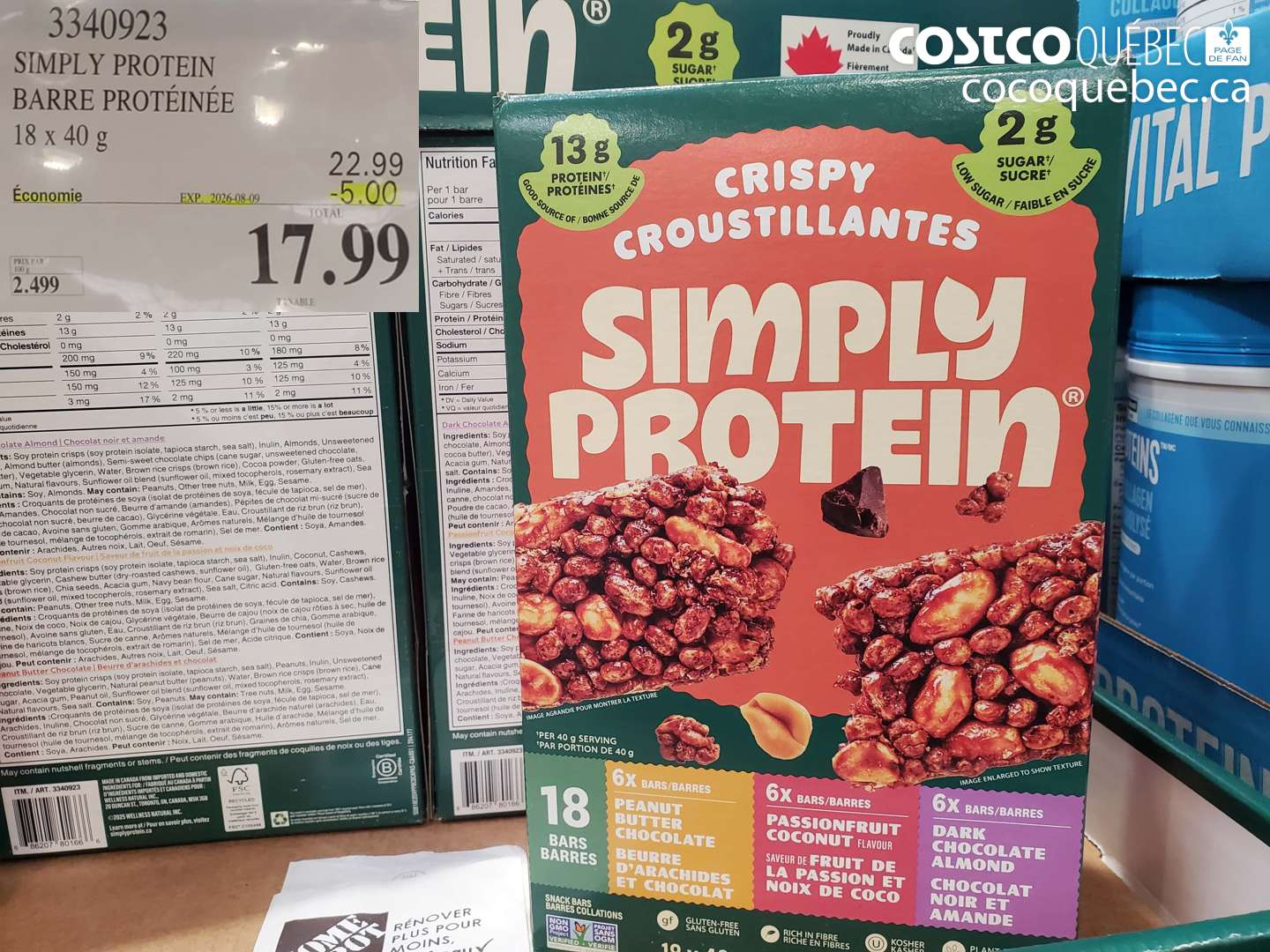 3340923 SIMPLY PROTEIN BARRE PROTÉINÉE 18 X 40 G ($5.00 INSTANT SAVINGS EXPIRES ON 2026-08-09) $17.99