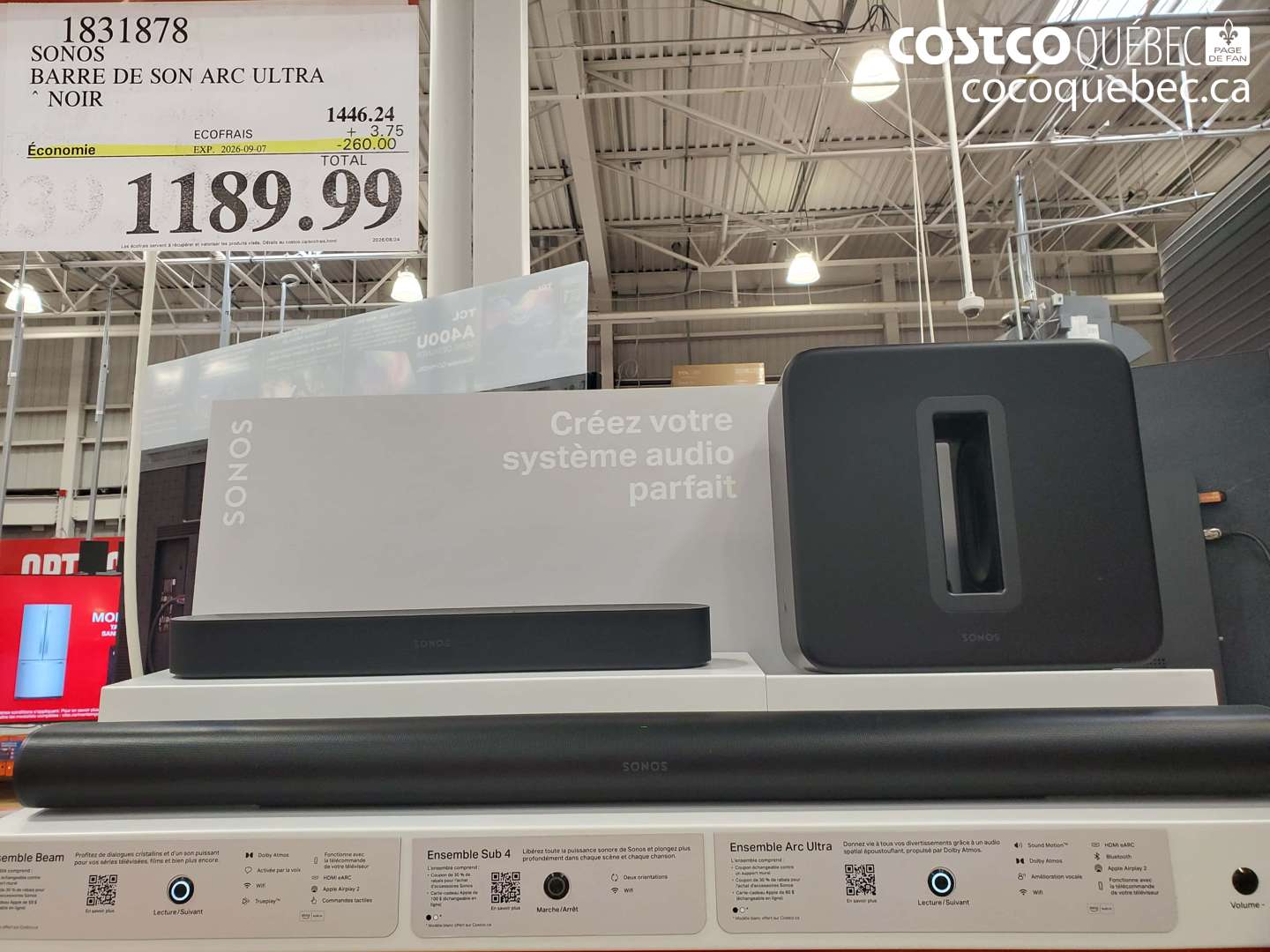 1831878 SONOS BARRE DE SON ARC ULTRA ($260.00 INSTANT SAVINGS EXPIRES ON 2026-09-07) $1189.99