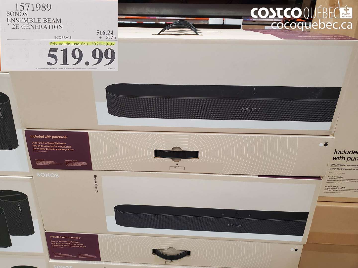 1571989 SONOS ENSEMBLE BEAM 2E GÉNÉRATION (EXPIRES ON 2026-09-07) $519.99