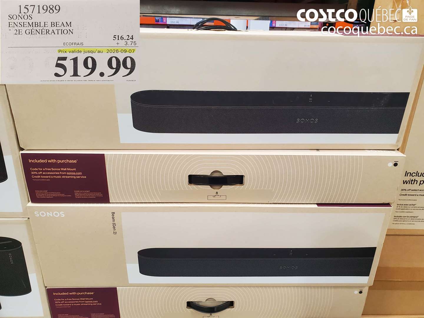1571989 SONOS ENSEMBLE BEAM 2E GÉNÉRATION (EXPIRES ON 2026-09-07) $519.99