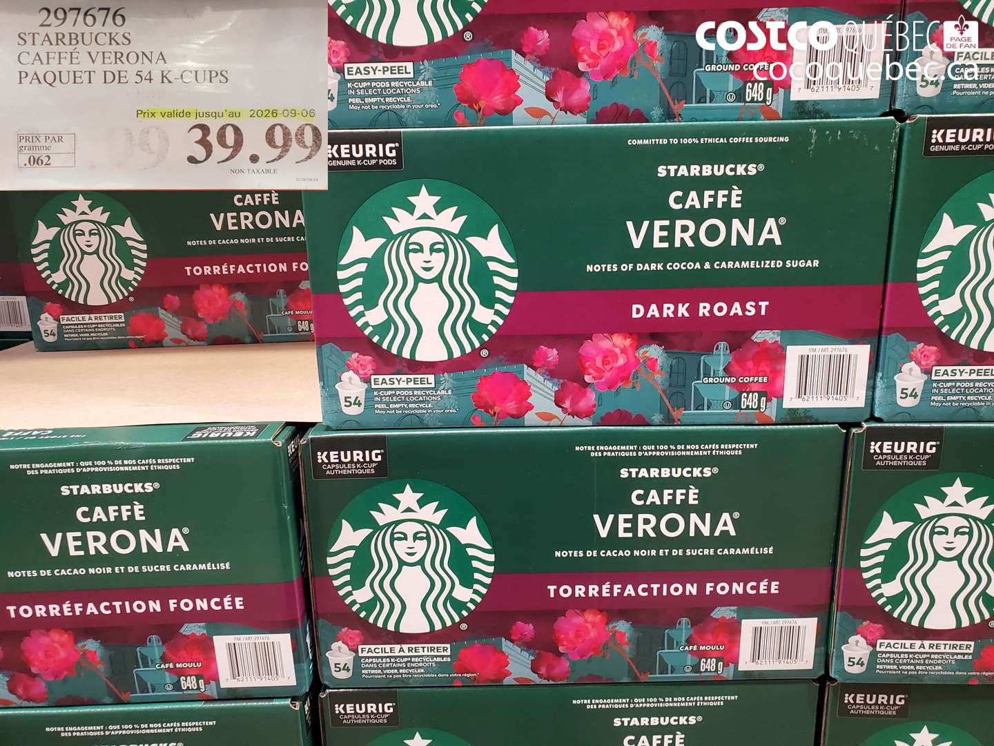 297676 STARBUCKS CAFFÉ VERONA PAQUET DE 54 K-CUPS (EXPIRES ON 2026-09-06) $39.99