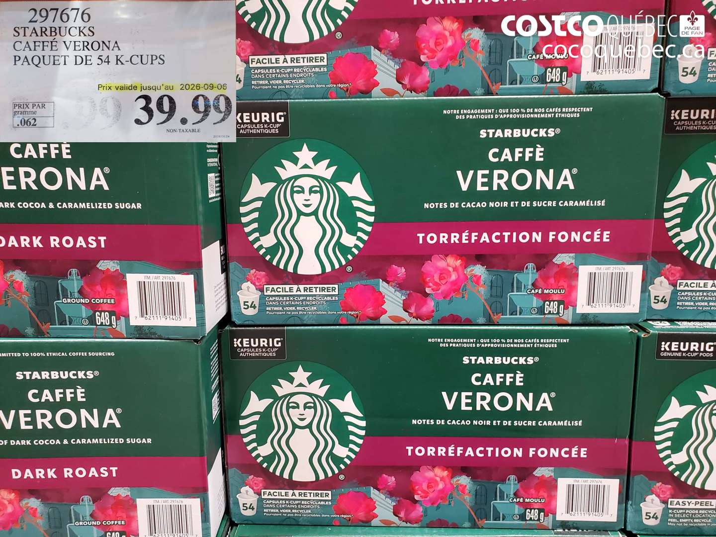 297676 STARBUCKS CAFFÉ VERONA PAQUET DE 54 K-CUPS (EXPIRES ON 2026-09-06) $39.99