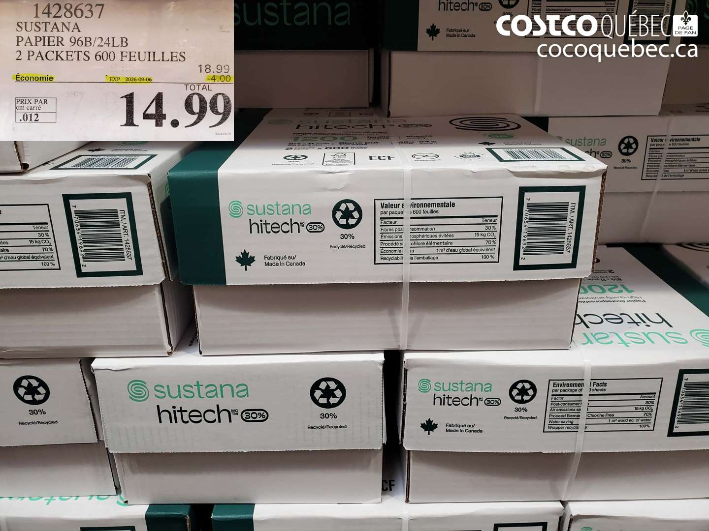 1428637 SUSTANA PAPIER 96B/24LB 2 PACKETS 600 FEUILLES ($4.00 INSTANT SAVINGS EXPIRES ON 2026-09-06) $14.99
