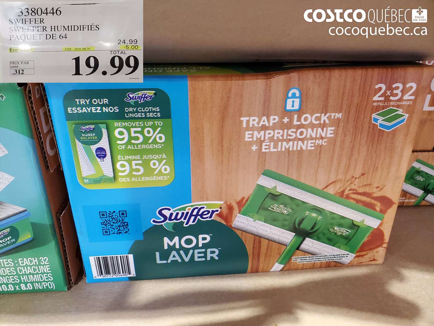 3380446 SWIFFER SWEEPER HUMIDIFIÉS PAQUET DE 64 ($5.00 INSTANT SAVINGS EXPIRES ON 2026-08-30) $19.99
