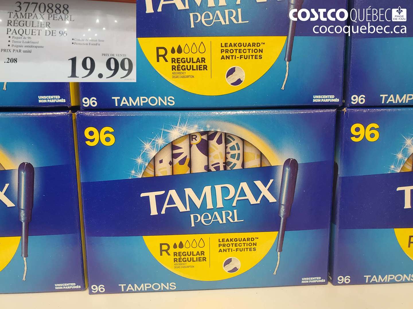 3770888 TAMPAX PEARL REGULIER PAQUET DE 96 $19.99
