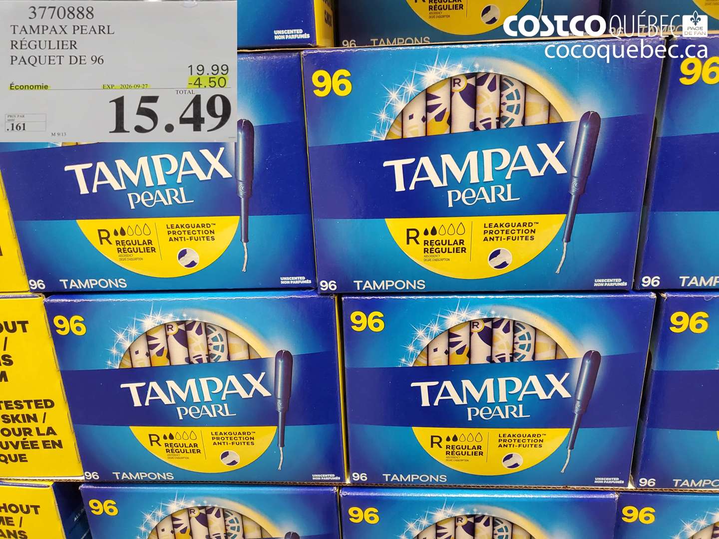 3770888 TAMPAX PEARL RÉGULIER PAQUET DE 96 ($4.50 INSTANT SAVINGS EXPIRES ON 2026-09-27) $15.49
