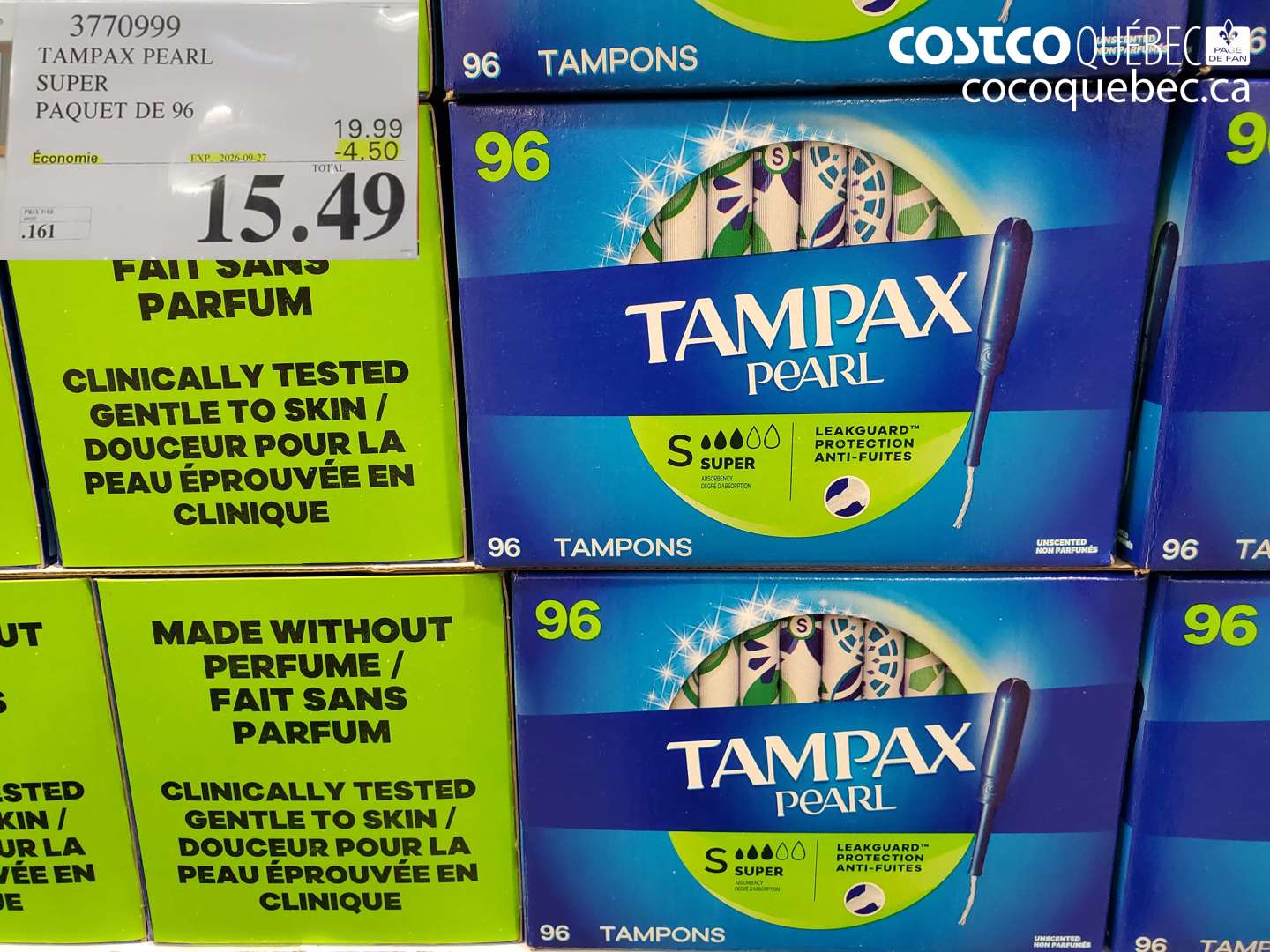 3770999 TAMPAX PEARL SUPER PAQUET DE 96 ($4.50 INSTANT SAVINGS EXPIRES ON 2026-09-27) $15.49