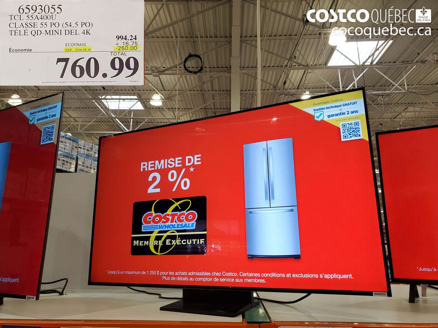 6593055 TCL 55A400U CLASSE 55 PO (54.5 PO) TÉLÉ QD-MINI DEL 4K ($250.00 INSTANT SAVINGS EXPIRES ON 2026-08-30) $760.99