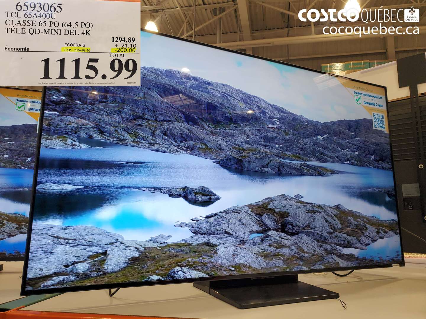 6593065 TCL 65A400U CLASSE 65 PO (64.5 PO) TÉLÉ QD-MINI DEL 4K ($200.00 INSTANT SAVINGS EXPIRES ON 2026-08-30) $1115.99