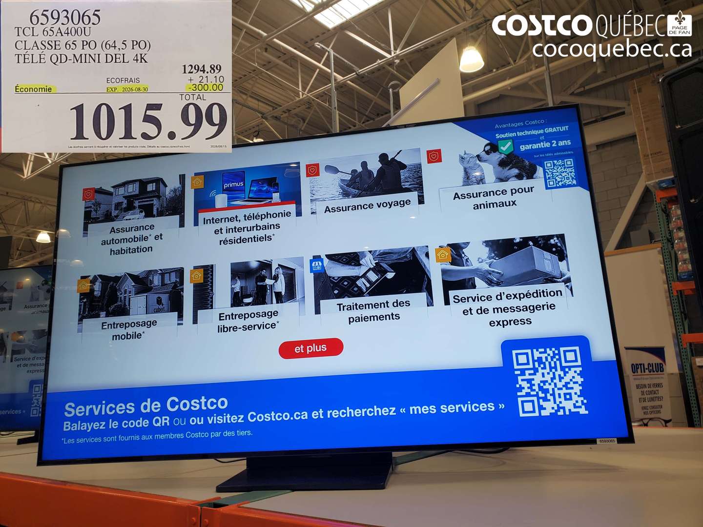 6593065 TCL 65A400U CLASSE 65 PO (64.5 PO) TÉLÉ QD-MINI DEL 4K ($300.00 INSTANT SAVINGS EXPIRES ON 2026-08-30) $1015.99