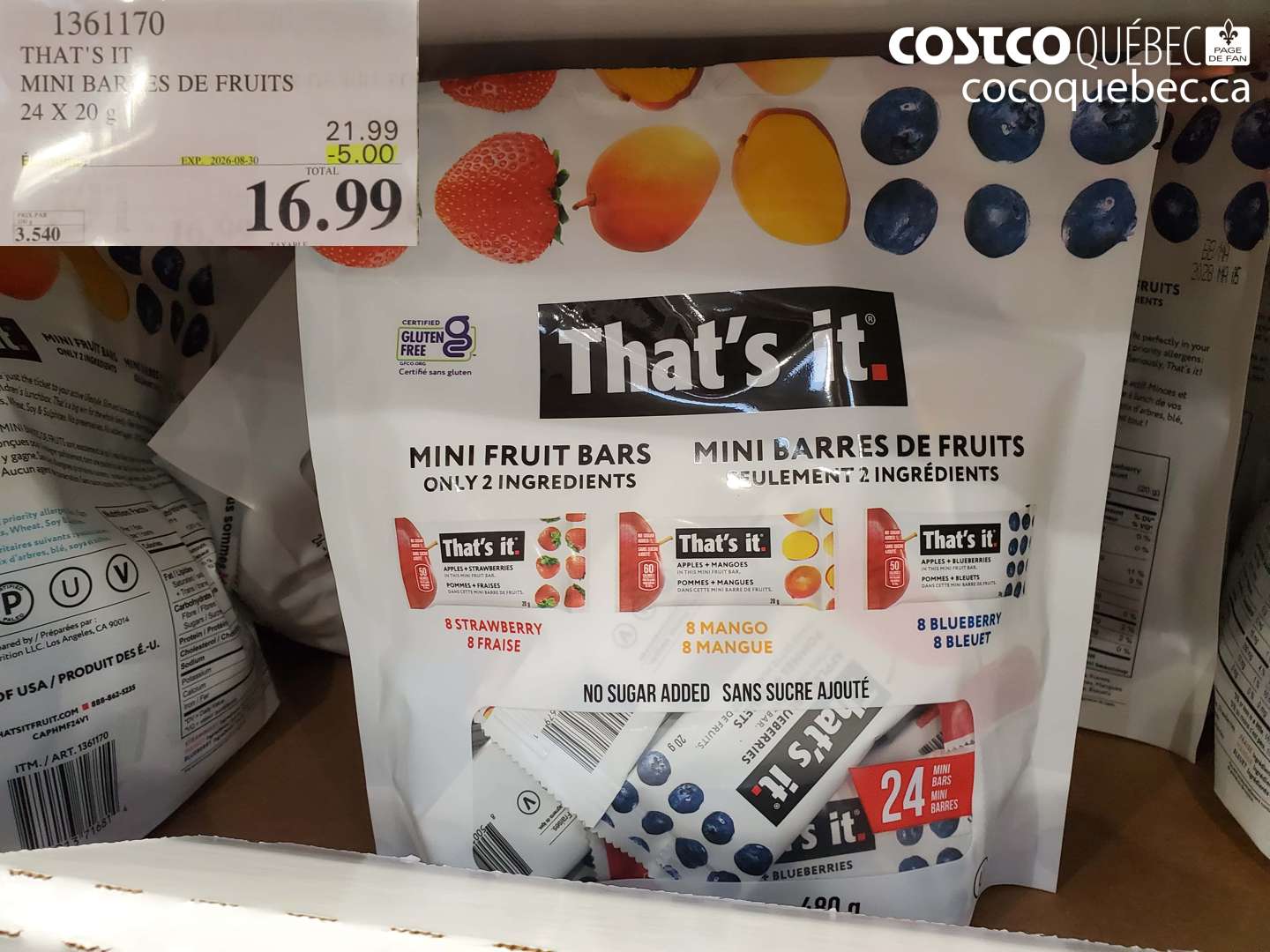 1361170 THAT'S IT MINI BARRES DE FRUITS 24 X 20 G ($5.00 INSTANT SAVINGS EXPIRES ON 2026-08-30) $16.99