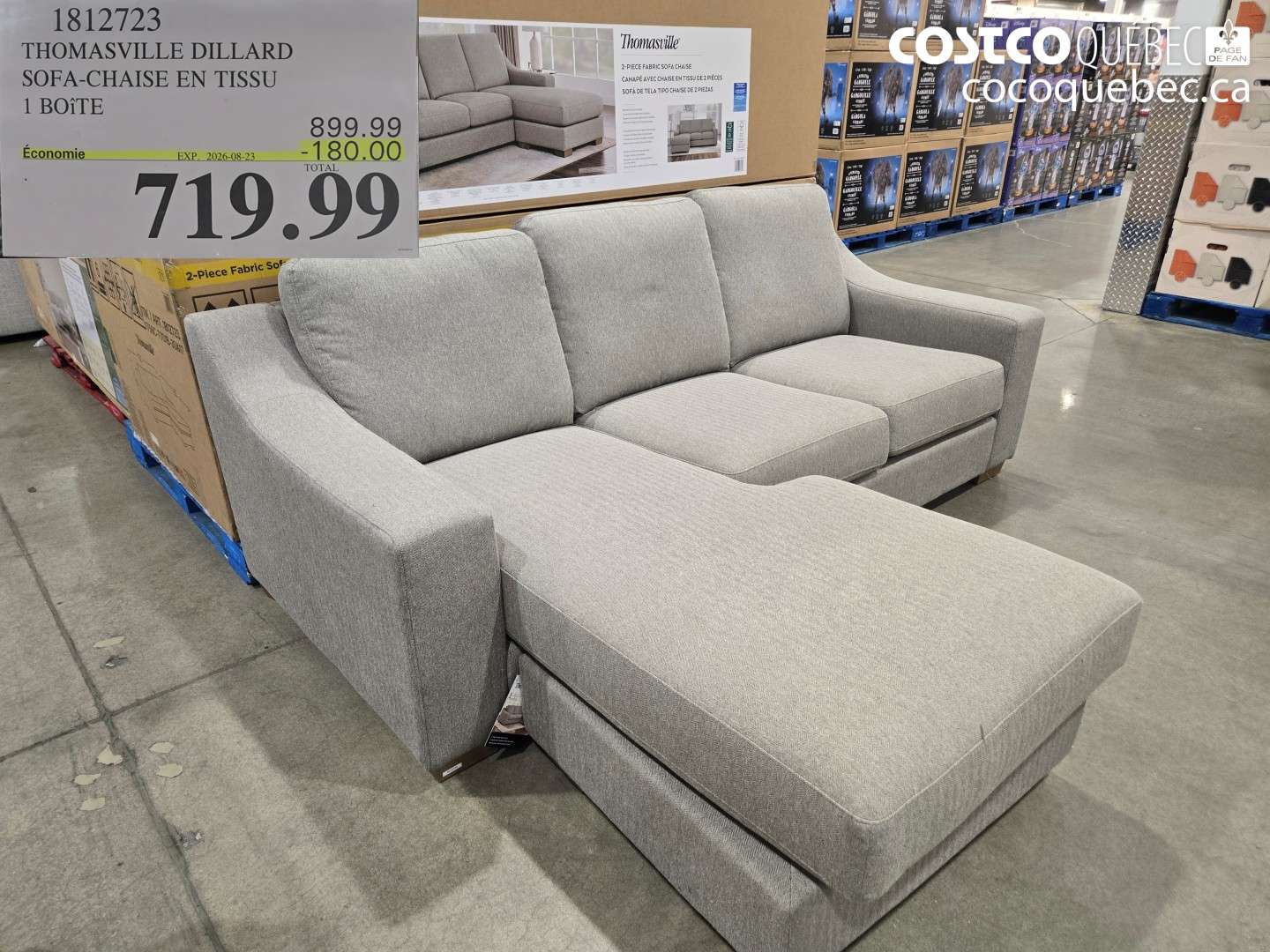 1812723 THOMASVILLE DILLARD SOFA-CHAISE EN TISSU ($180.00 INSTANT SAVINGS EXPIRES ON 2026-08-23) $719.99