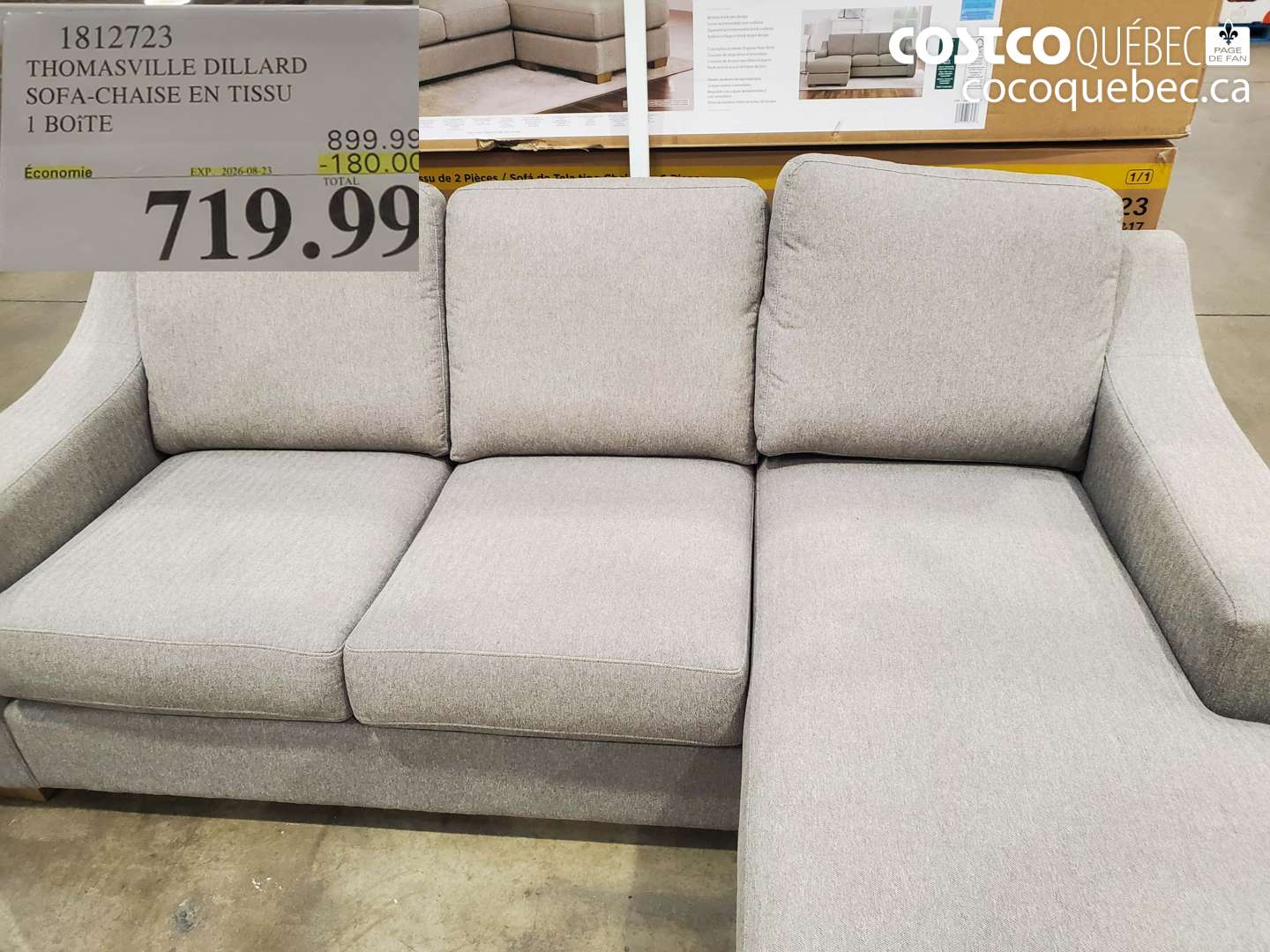1812723 THOMASVILLE DILLARD SOFA-CHAISE EN TISSU ($180.00 INSTANT SAVINGS EXPIRES ON 2026-08-23) $719.99