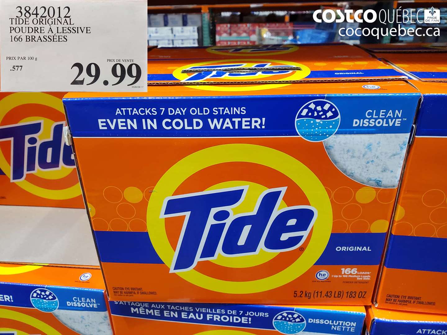 3842012 TIDE ORIGINAL POUDRE À LESSIVE 166 BRASSÉES $29.99