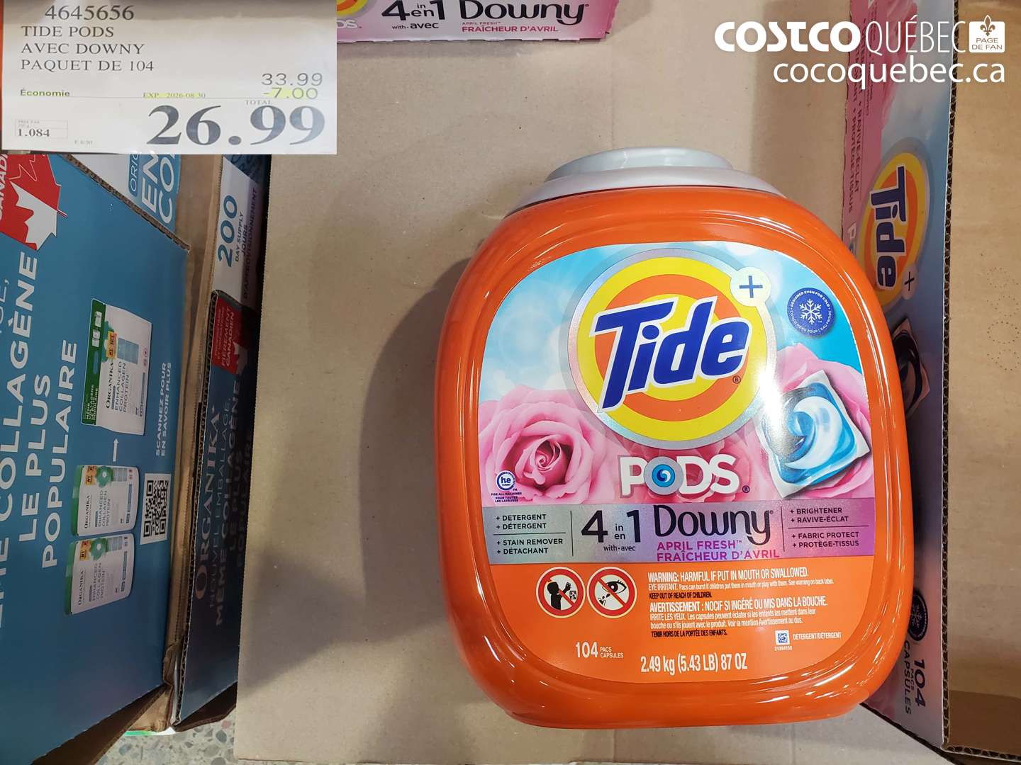 4645656 TIDE PODS AVEC DOWNY PAQUET DE 104 ($7.00 INSTANT SAVINGS EXPIRES ON 2026-08-30) $26.99