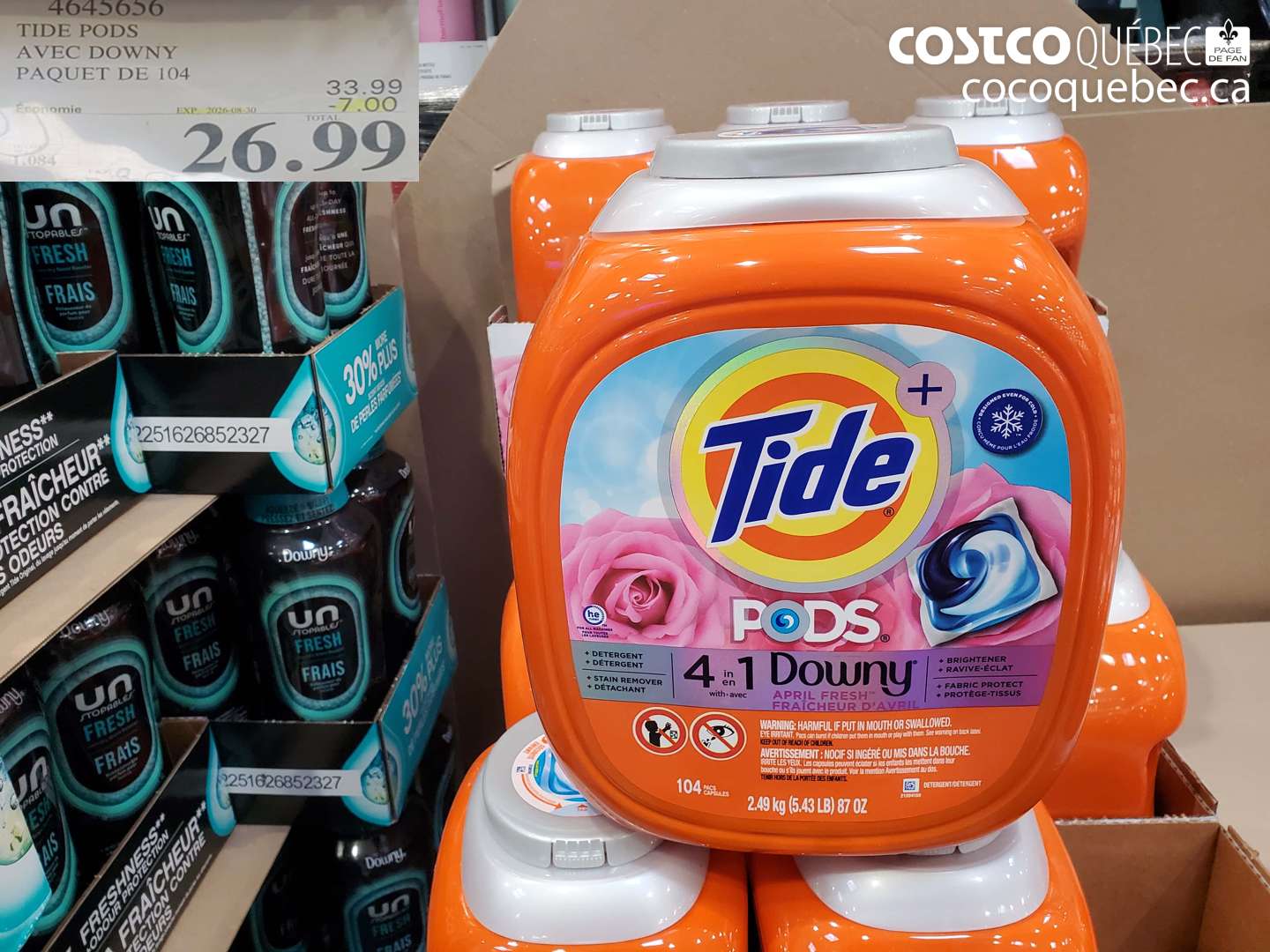 4645656 TIDE PODS AVEC DOWNY PAQUET DE 104 ($7.00 INSTANT SAVINGS EXPIRES ON 2026-08-30) $26.99