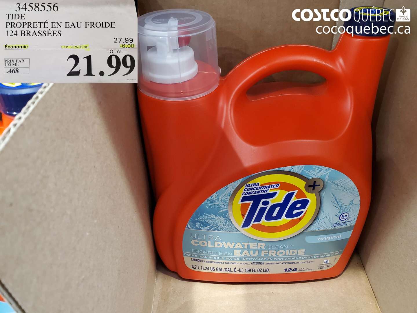3458556 TIDE PROPRETÉ EN EAU FROIDE 124 BRASSÉES ($6.00 INSTANT SAVINGS EXPIRES ON 2026-08-30) $21.99