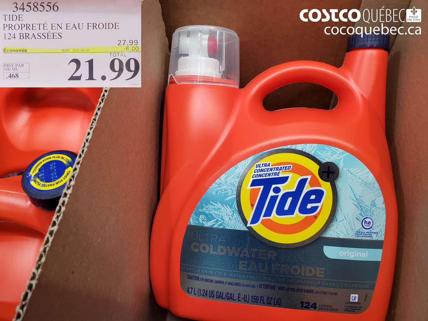 3458556 TIDE PROPRETÉ EN EAU FROIDE 124 BRASSÉES ($6.00 INSTANT SAVINGS EXPIRES ON 2026-08-30) $21.99