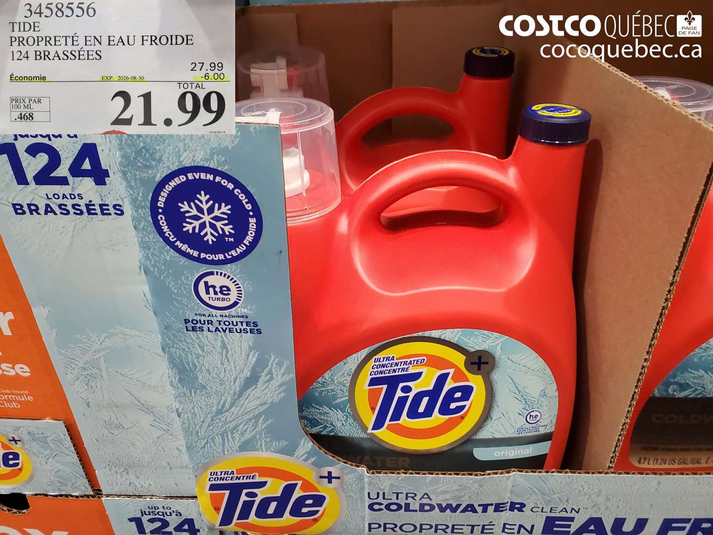 3458556 TIDE PROPRETÉ EN EAU FROIDE 124 BRASSÉES ($6.00 INSTANT SAVINGS EXPIRES ON 2026-08-30) $21.99