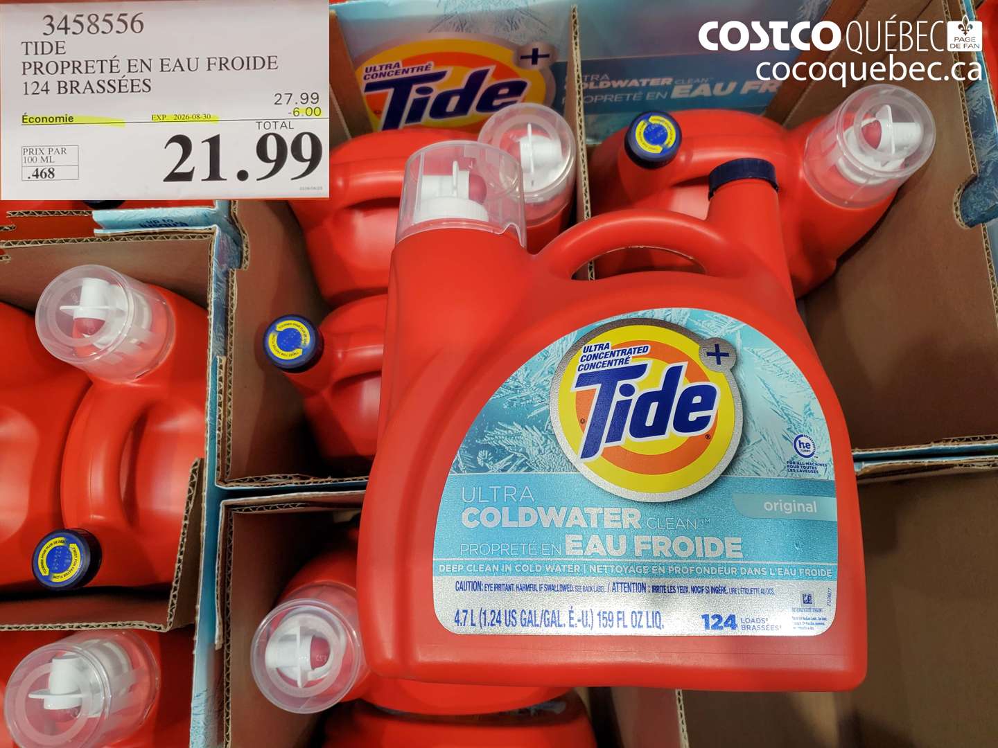 3458556 TIDE PROPRETÉ EN EAU FROIDE 124 BRASSÉES ($6.00 INSTANT SAVINGS EXPIRES ON 2026-08-30) $21.99