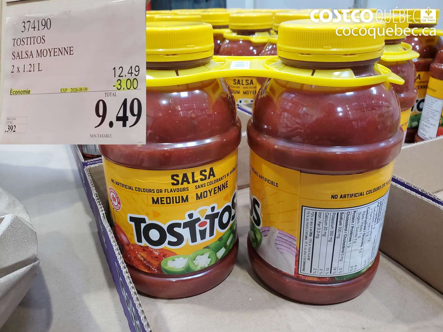 374190 TOSTITOS SALSA MOYENNE 2 X 1.21 L ($3.00 INSTANT SAVINGS EXPIRES ON 2026-08-09) $9.49