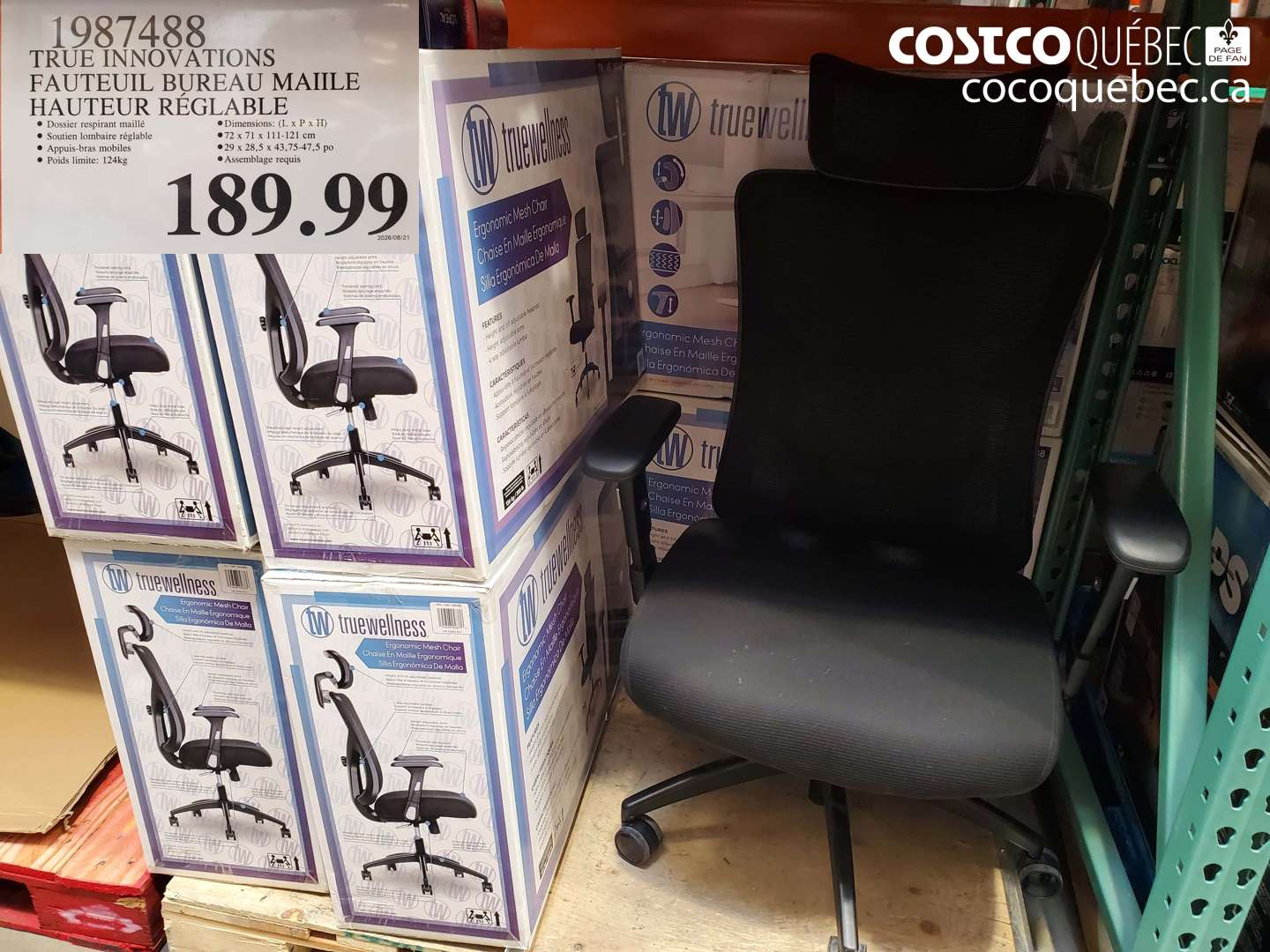 1987488 TRUE INNOVATIONS FAUTEUIL BUREAU MAILLE HAUTEUR RÉGLABLE $189.99