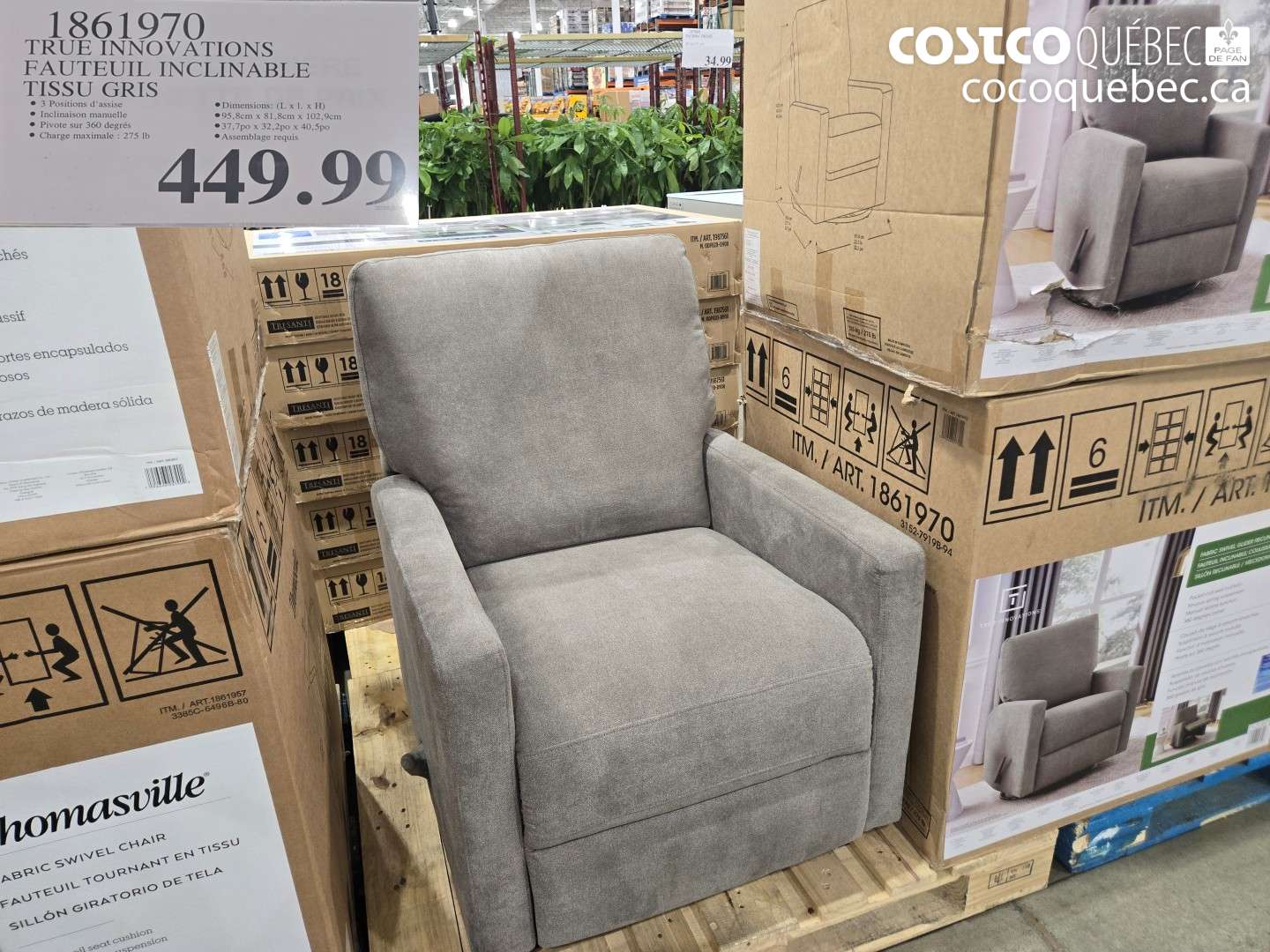 1861970 TRUE INNOVATIONS FAUTEUIL INCLINABLE TISSU GRIS $449.99