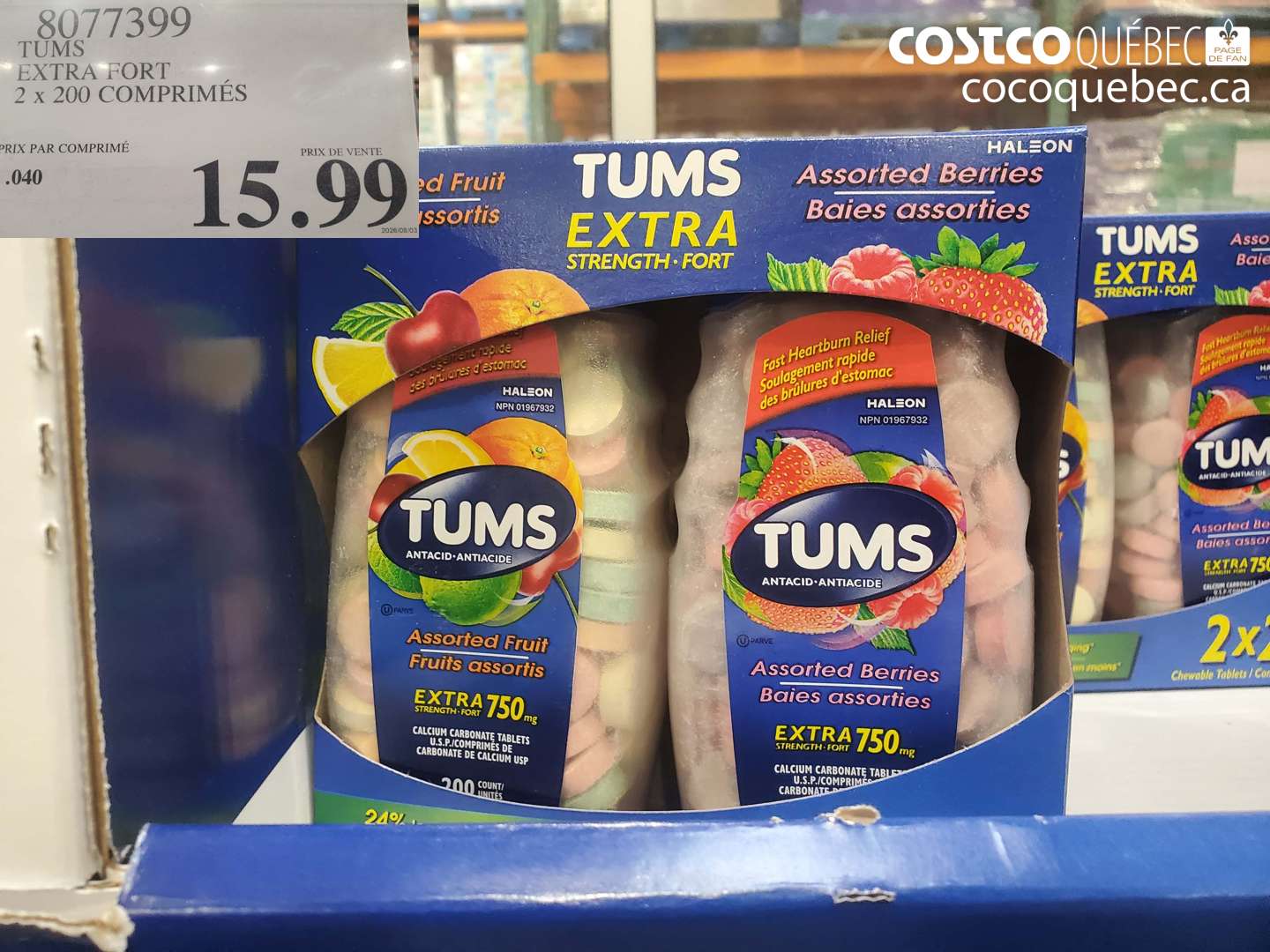 8077399 TUMS EXTRA FORT 2 X 200 COMPRIMÉS $15.99