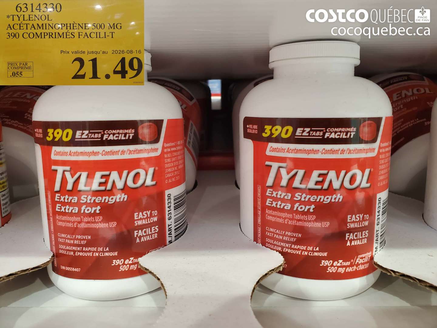 6314330 TYLENOL ACÉTAMINOPHÈNE 500 MG 390 COMPRIMÉS FACILI-T (EXPIRES ON 2026-08-16) $21.49