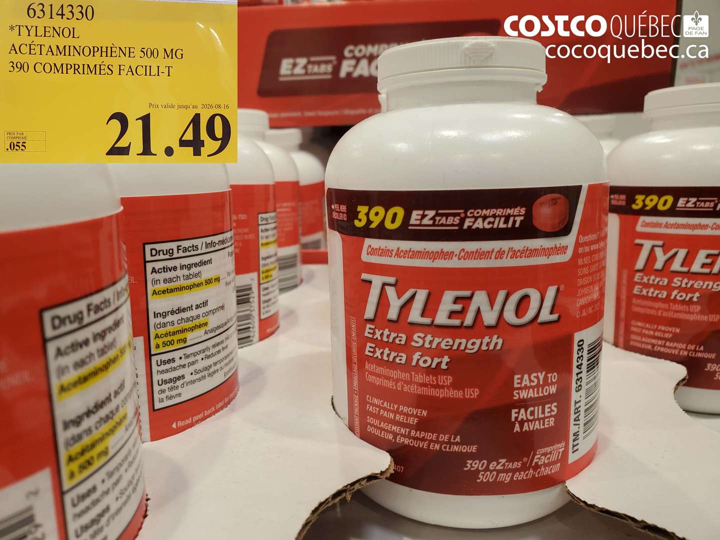 6314330 TYLENOL ACÉTAMINOPHÈNE 500 MG 390 COMPRIMÉS FACILI-T (EXPIRES ON 2026-08-16) $21.49