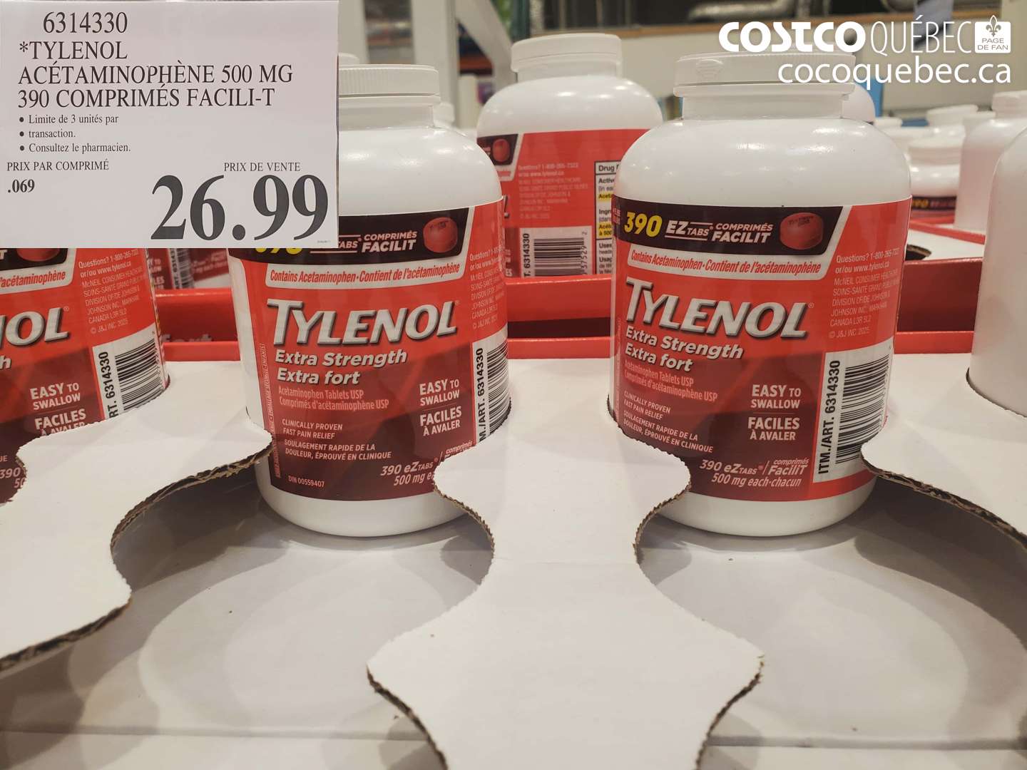 6314330 TYLENOL ACÉTAMINOPHÈNE 500 MG 390 COMPRIMÉS FACILI-T $26.99