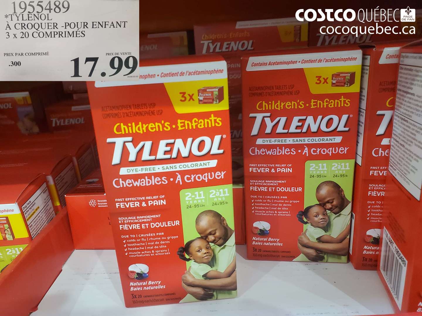 1955489 TYLENOL À CROQUER -POUR ENFANT 3 X 20 COMPRIMÉS $17.99