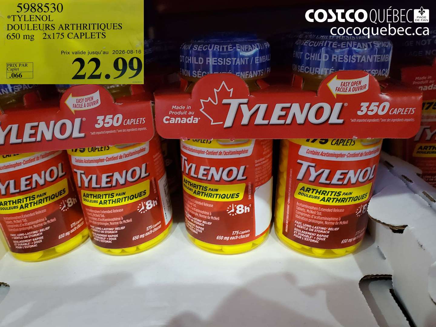 5988530 TYLENOL DOULEURS ARTHRITIQUES 650 MG 2X175 CAPLETS (EXPIRES ON 2026-08-16) $22.99