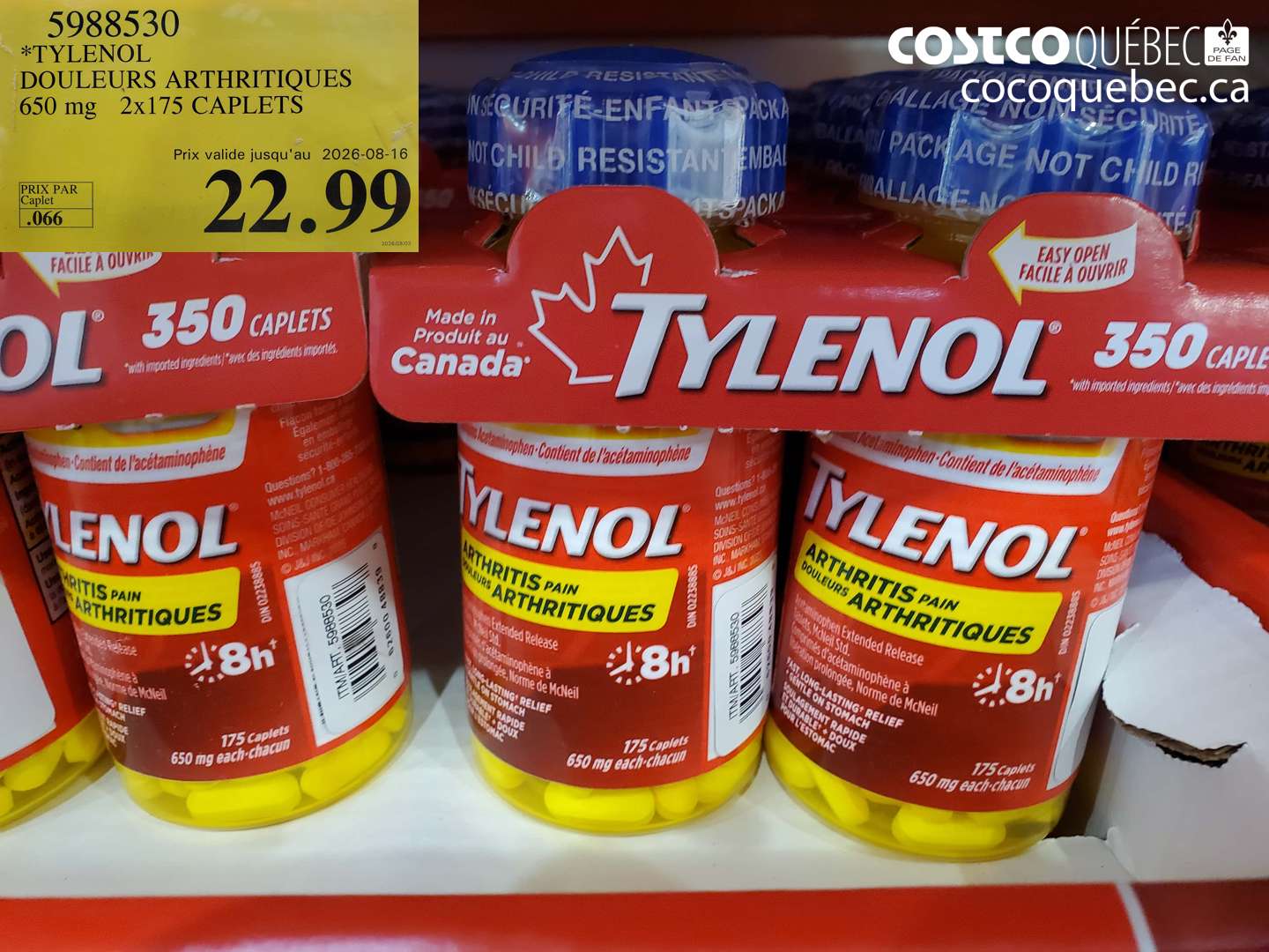 5988530 TYLENOL DOULEURS ARTHRITIQUES 650 MG 2X175 CAPLETS (EXPIRES ON 2026-08-16) $22.99