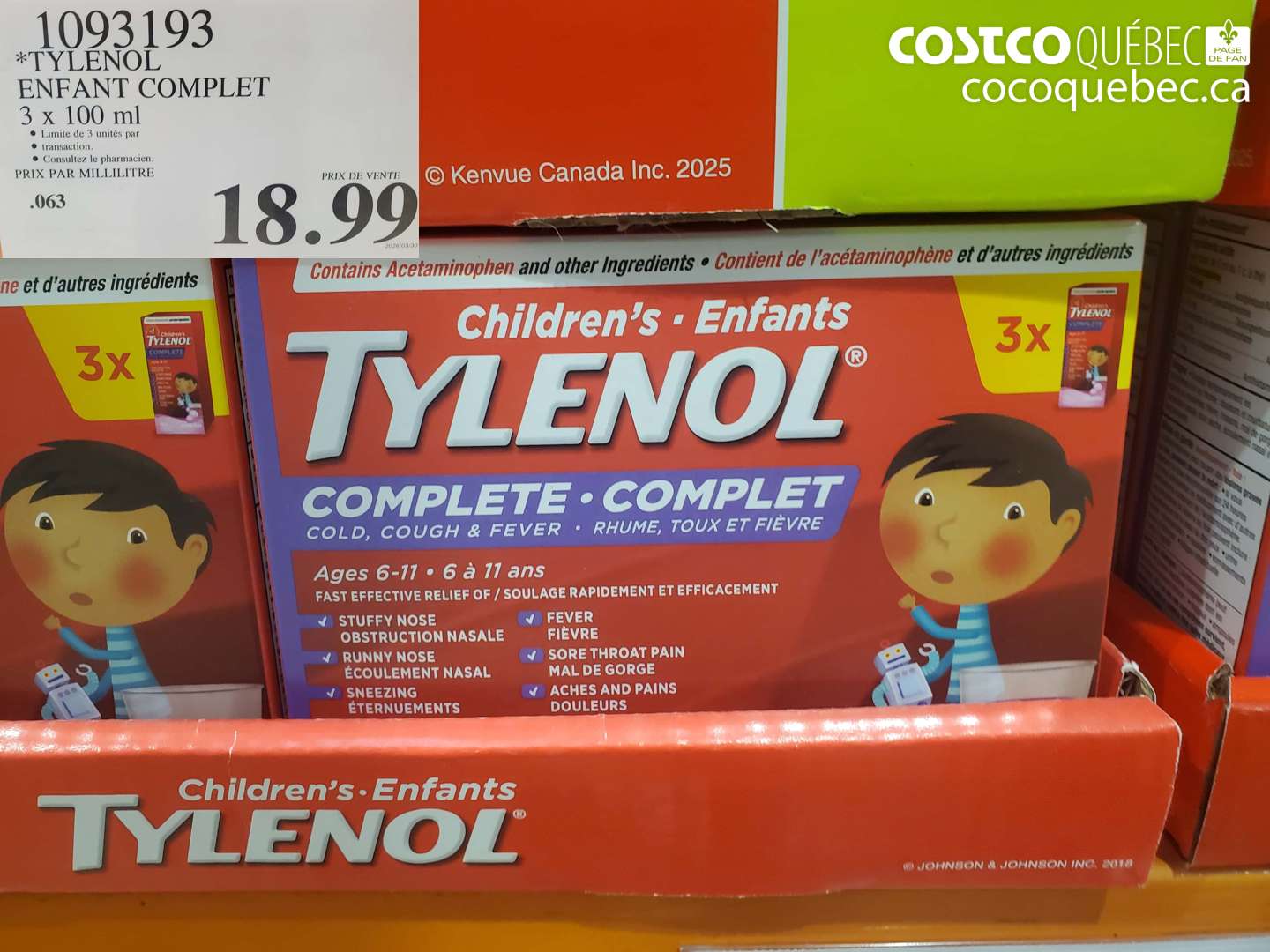 1093193 TYLENOL ENFANT COMPLET 3 X 100 ML $18.99