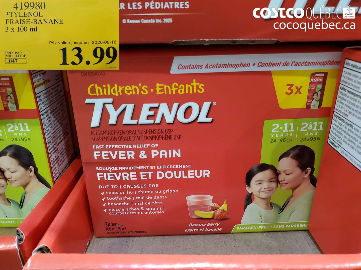 419980 TYLENOL FRAISE-BANANE 3 X 100 ML (EXPIRES ON 2026-08-16) $13.99