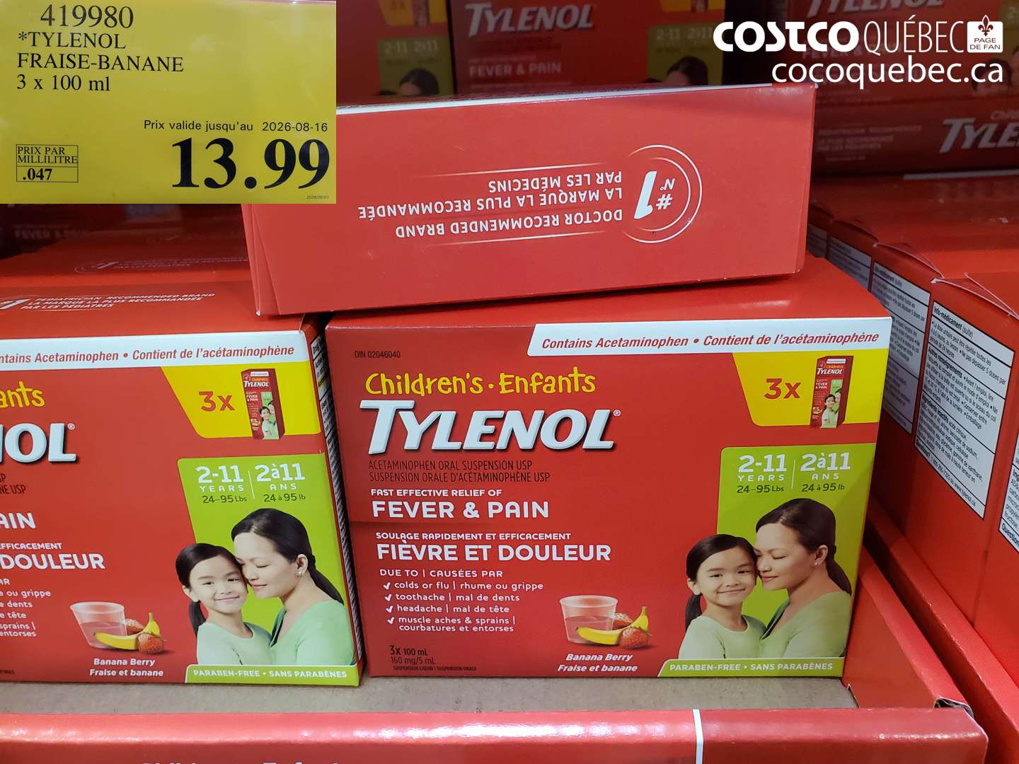 419980 TYLENOL FRAISE-BANANE 3 X 100 ML (EXPIRES ON 2026-08-16) $13.99