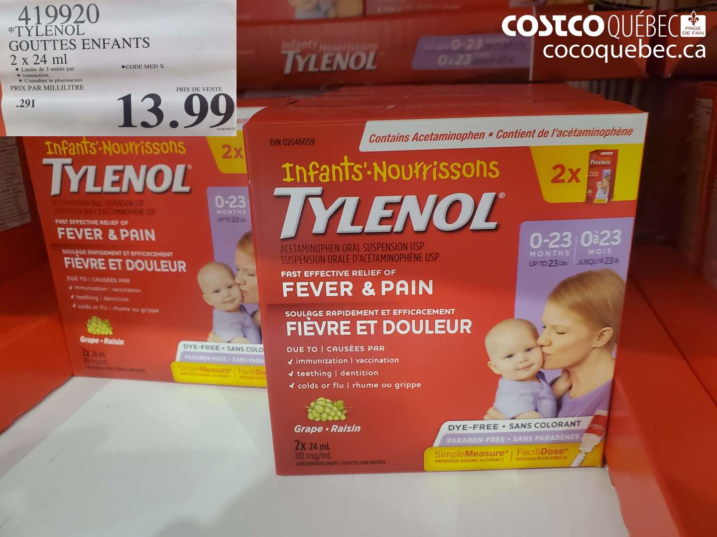 419920 TYLENOL GOUTTES ENFANTS 2 X 24 ML $13.99