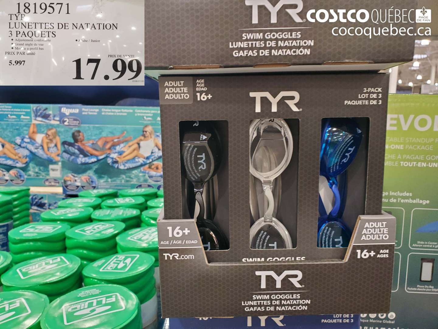 1819571 TYR LUNETTES DE NATATION 3 PAQUETS $17.99
