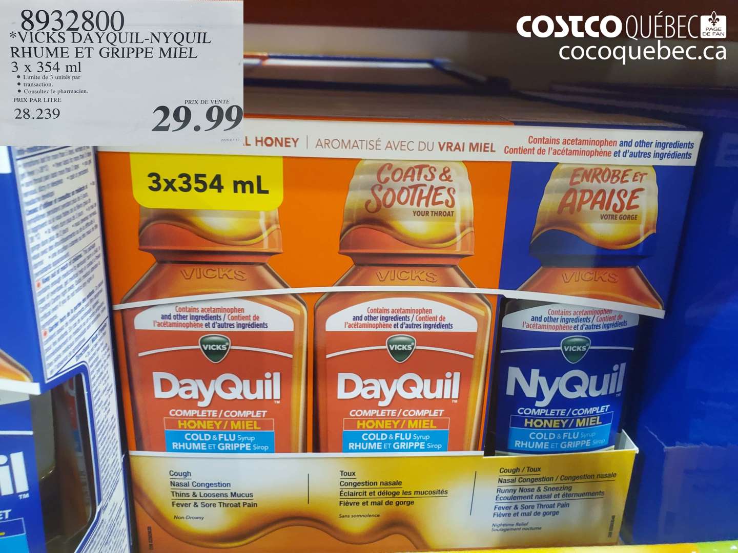 8932800 VICKS DAYQUIL-NYQUIL RHUME ET GRIPPE MIEL 3 X 354 ML $29.99