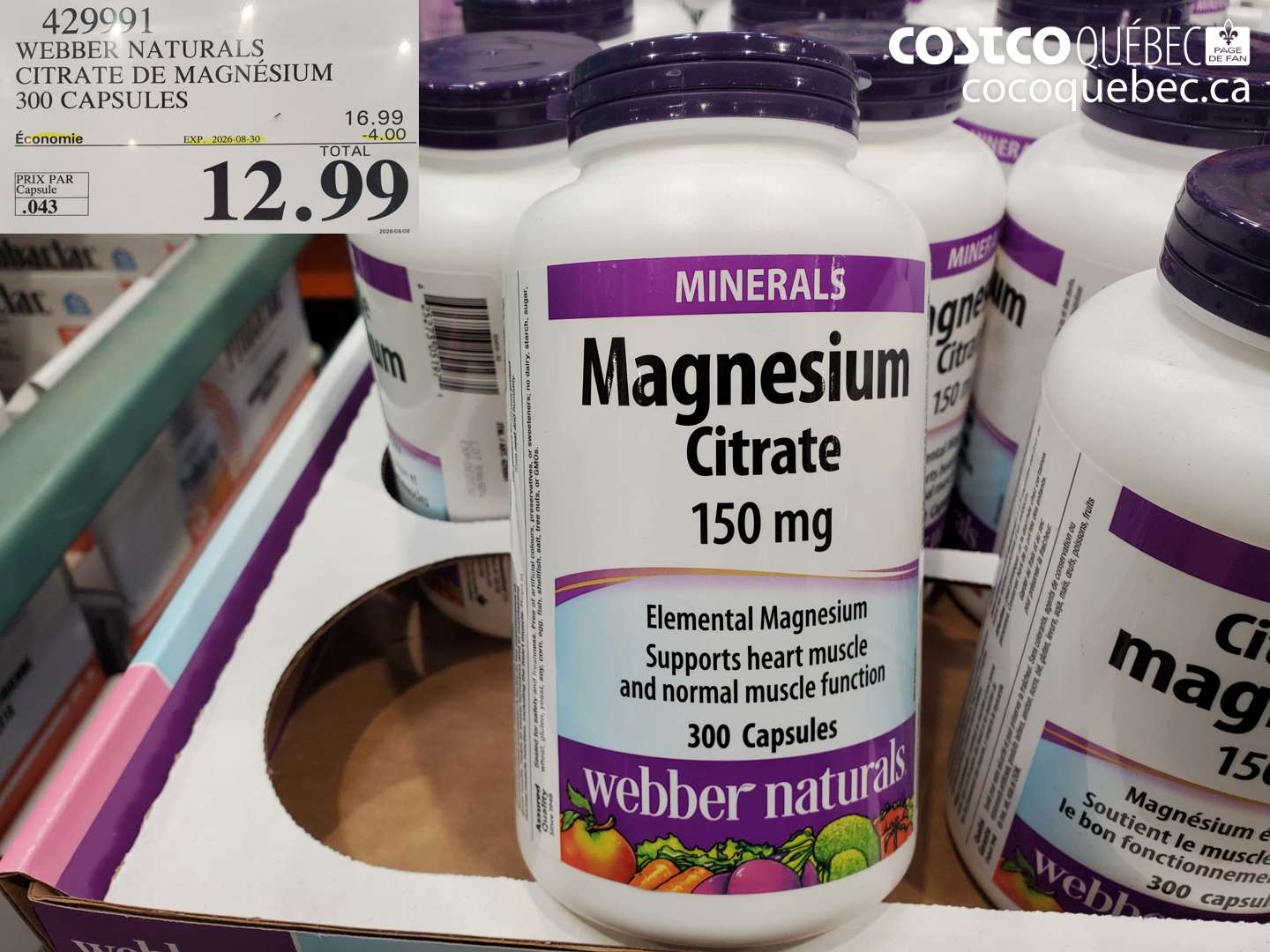 429991 WEBBER NATURALS CITRATE DE MAGNÉSIUM 300 CAPSULES ($4.00 INSTANT SAVINGS EXPIRES ON 2026-08-30) $12.99