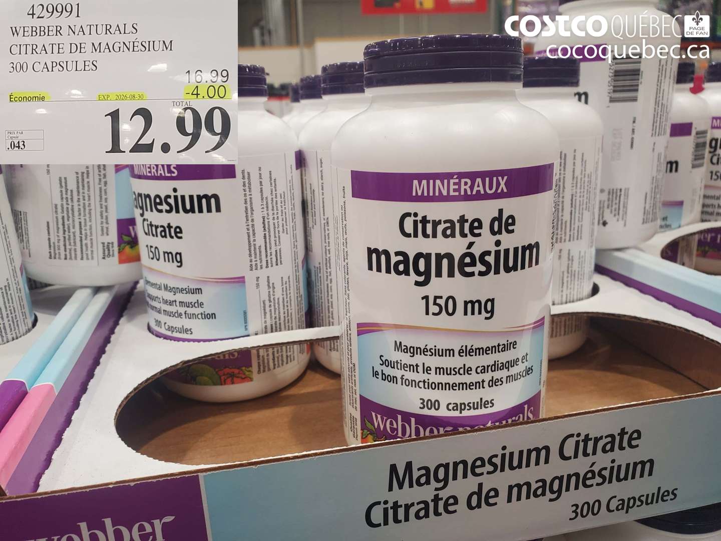 429991 WEBBER NATURALS CITRATE DE MAGNÉSIUM 300 CAPSULES ($4.00 INSTANT SAVINGS EXPIRES ON 2026-08-30) $12.99