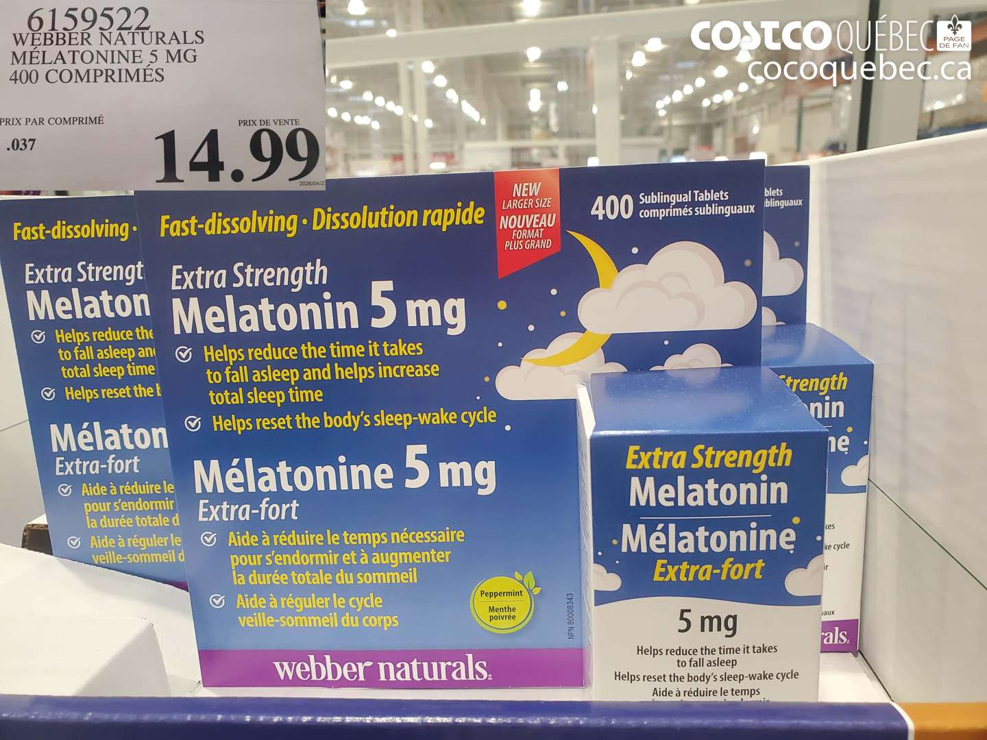 6159522 WEBBER NATURALS MÉLATONINE 5 MG 400 COMPRIMÉS $14.99